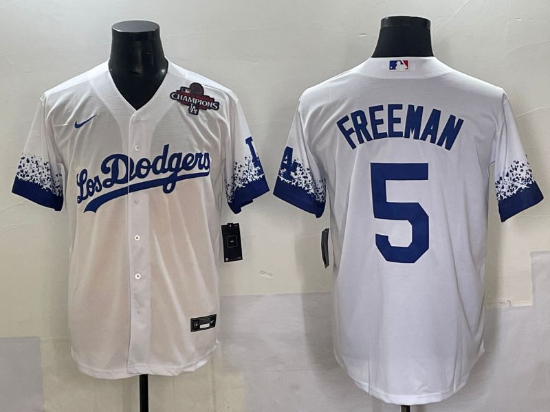 Men Los Angeles Dodgers #5 Freeman White blue City Edition Nike MLB Jersey style 7